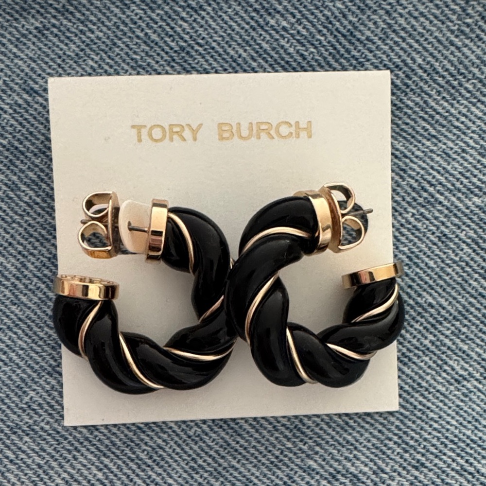 Tory Burch Black and Gold Twisted Earrings